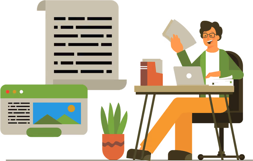 An author publishing their book from a desk, surrounded by manuscript pages and a finished cover