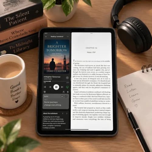 An audiobook playing on a tablet beside headphones and a coffee