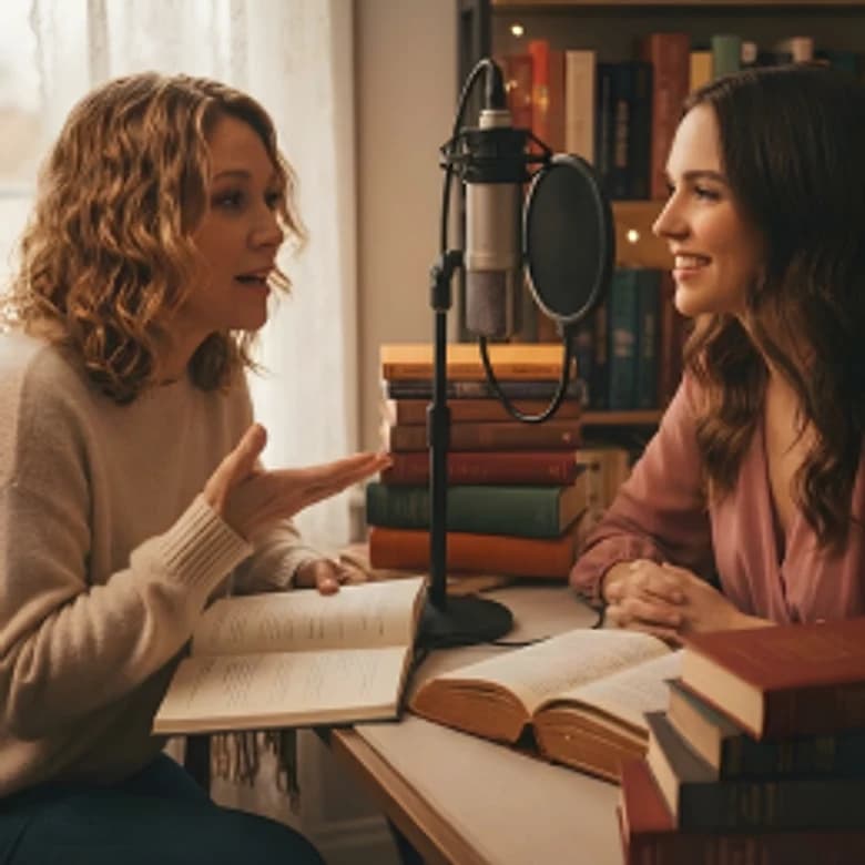 An author being interviewed in front of a studio microphone