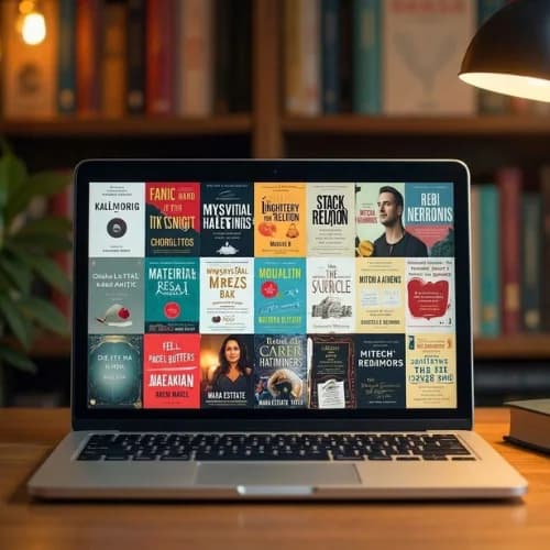 Book listings and adverts shown on a laptop screen