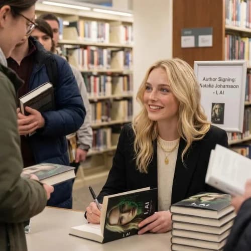 An author signing copies of her published book at a library event