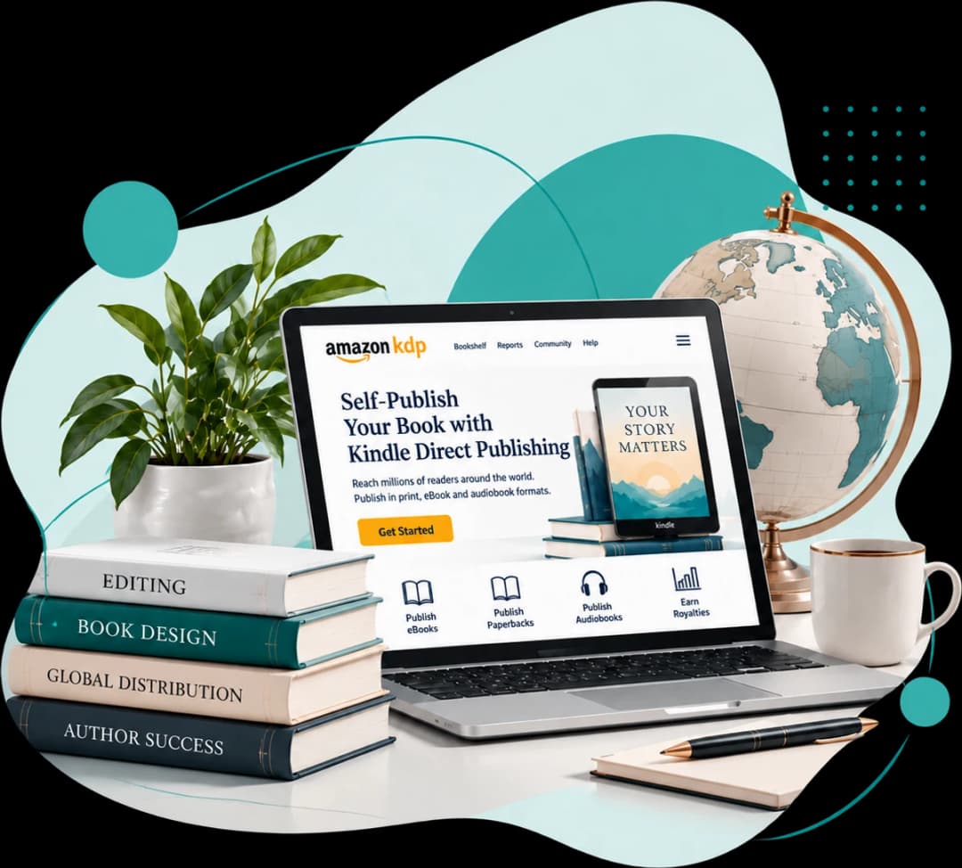 An author publishing their book through Amazon KDP, with editing, book design and global distribution