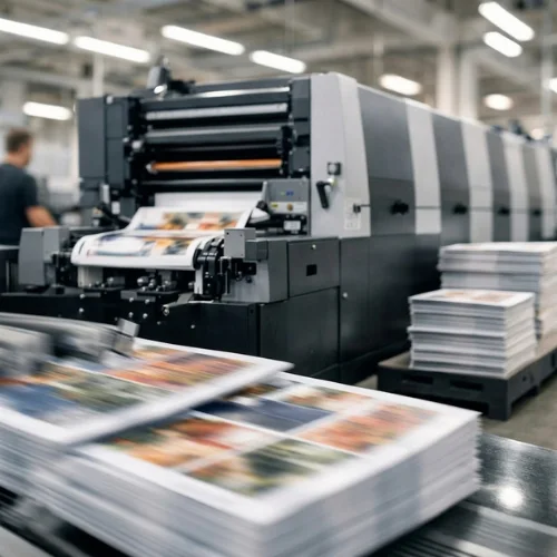 Printed book pages coming off a commercial printing press