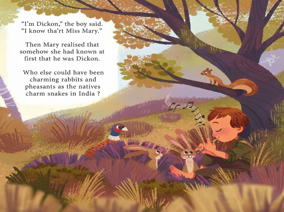 A painted picture-book spread of a boy with woodland animals