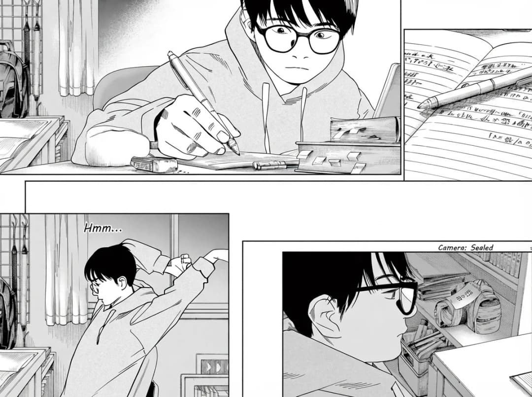 Hand-drawn pencil and ink panels of a character at his desk